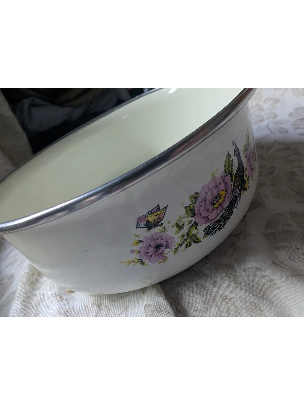 Vintage Floral Enamel Bowl with Peacock Design